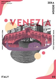 an advertisement for the venice design festival, featuring pink and purple bridges over water with buildings in