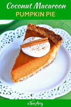 a slice of pumpkin pie on a white plate