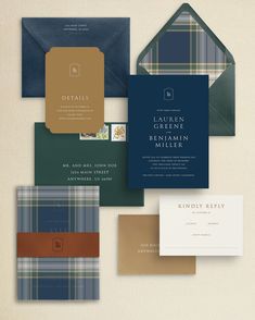 the wedding stationery is laid out on top of each other, with different colors and patterns