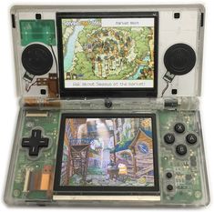 an old nintendo wii game system with a map on the screen and two video game controllers attached to it