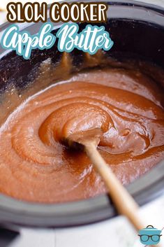 slow cooker apple butter recipe in the crock pot with text overlay that reads slow cooker apple butter