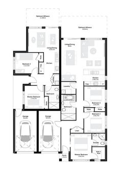 the floor plan for an apartment with two car garages and three bedroom, one living room