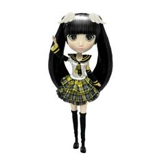 a doll with long black hair wearing a yellow and white dress, standing on a white background