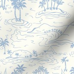 a blue and white wallpaper with palm trees