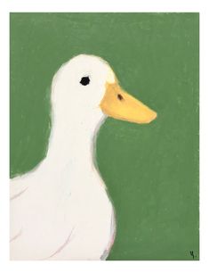 a painting of a white duck on a green background