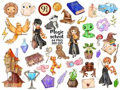 watercolor clipart set with harry potter characters