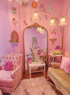 a room filled with pink furniture and lots of decorations on the walls in front of a mirror