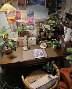 a desk with plants and pictures on the wall