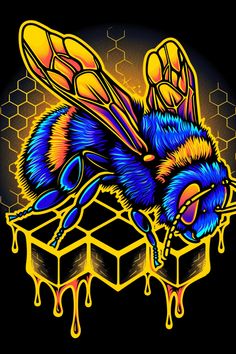 a blue and yellow bee with dripping honeycombs on it's back ground