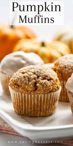 pumpkin muffins on a white plate with the title overlay reads, pumpkin muffins