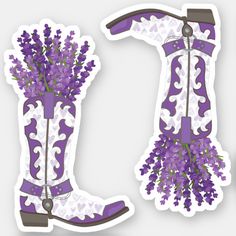 Lavender Cowboy Boot Sticker Size: Extra-Small 3" x 3". Color: Matte White. Gender: unisex. Age Group: adult. Purple Cowboy Boots, Lavender Wedding Dress, Quilted Shoes, Sorority Paddles, Personal Stationery, Country Theme, Romantic Cards, Boots Patterns, Cowboy Party