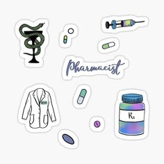 the words pharmicst are surrounded by various medical related items sticker set