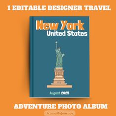 the new york united states adventure photo album is shown in front of an orange background