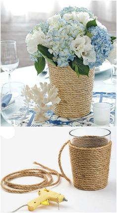 some flowers are in a basket on the table and another is next to it with rope