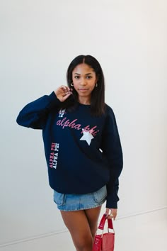 Navy crewneck, boyfriend fit. Our model is wearing size large (unisex). Size up for an oversized fit. 50% cotton, 50% polyester. Items are MADE TO ORDER. Production can take up to 7 business days. Shipping time is additional, and varies by carrier. Need to change your order, or upgrade your shipping for faster delivery? Send us a message! Changes can be made within 1 hour of placing your order (during business hours). We do not accept any sorority or design changes in order notes or via Messages Soroity Shirts, Sorority Matching Set, Trendy Sorority Merch, Simple Sorority Shirts, Sorority Exec Merch, Sorority Sweat Set, Sorority Merch Designs, Sorority Themes Recruitment, Cute Sorority Merch