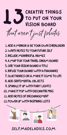 a pink poster with the words 13 creative things to put on your vision board