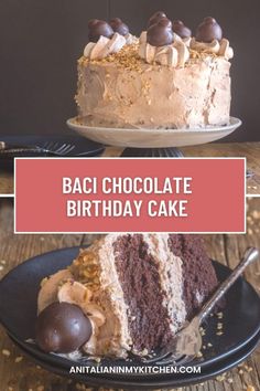 a cake with white frosting and chocolate decorations on top is sitting on a black plate