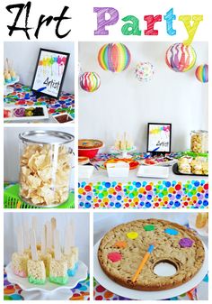 a collage of pictures with food and decorations on the table, including cookies, marshmallows