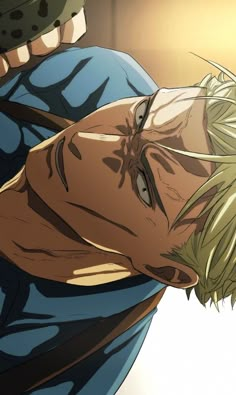 an anime character with blonde hair and blue eyes is looking at something in the distance