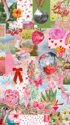 a collage of pink and green images with hearts, flowers, trees, clouds, birds, butterflies