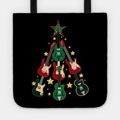 a christmas tree made out of guitars and starbursts on a black background