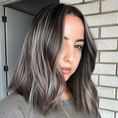 Sleek Ashy Brunette with Silver Threads Dark Hair W Ashy Highlights, Black Hair With Ashy Blonde Highlights, Black Hair Ashy Highlights, Ashy Brown Black Hair, Ashy Black Hair Balayage, Ashy Brunette, Traditional Highlights, Balayage Brunette, Especially For You