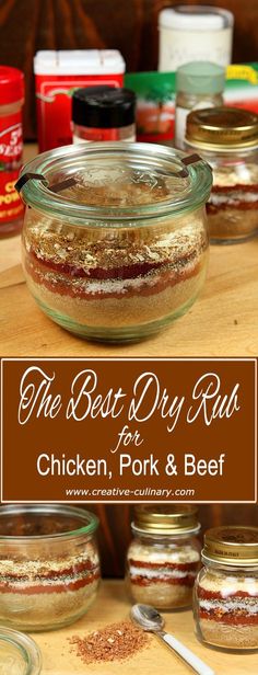 the best dry rubs for chicken, pork and beef in glass jars on a wooden table