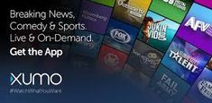 an advertisement for the upcoming xymo tv show, breaking news, comedy & sports live and on - demand get the app