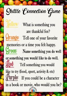 An answer key for playing a connection game with your family! Or in the classroom. Just follow these easy directions and add a bag of skittles! Mixer Games, Skittles Game, Therapy Interventions, Work Games, Family Culture, Volunteer Activities