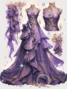 Purple And Gold Dress, Fashion Illustration Dresses, Dress Drawing, Dress Sketches