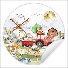 a sticker with an image of farm animals and windmills