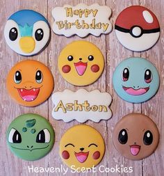 pokemon themed cookies with happy birthday messages on them