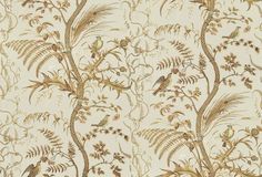 a wallpaper with birds and plants on it's side, in gold tones