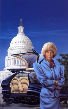 a woman standing in front of a car with the capitol building in the back ground