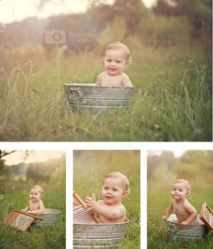 a baby sitting in a basket on the grass