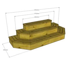 three wooden steps are shown with measurements for each step and the height is 25 feet tall