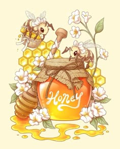 two bees sitting on top of a honey jar with the word honey written in it