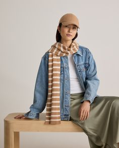 Need effortless style this winter? This is your girl. This oversized scarf can layer on anything for a chic look to stay warm all winter long. Our quality cashmere is incredibly long-lasting and three times as warm as wool, sourced sustainably and ethically.  | Quince | Women's Mongolian Cashmere Scarf in Camel/Ivory Stripe 100 Grade, Oversized Scarf, Womens Cashmere, Chic Look, Your Girl, Cashmere Scarf, Quince, Stay Warm, Effortless Style