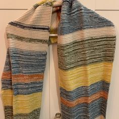 Never Worn! Cream With Primary Color Stripes. Perfect Condition Casual Multicolor Knitted Scarves, Handmade Multicolor Scarf One Size, One Size Multicolor Yarn Scarves, Multicolor Knit Scarves One Size, Warm Multicolor One-size Scarves, Color Stripes, Striped Knit, Knit Scarf, Primary Color