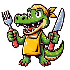 a cartoon alligator holding a knife and fork