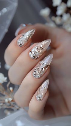 Gold And White Wedding Nails For Bride, Wedding Nail Art For Bride, Bridal Nail Designs, Wedding Nails For Bride Bridal, Elegant Bridal Nails, Cutest Nails, June Nails, Bridal Nails Designs, Bridal Nail