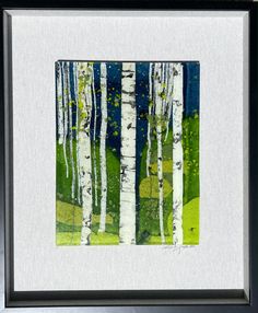 a painting of trees with green grass and blue sky in the background, framed on white paper