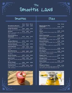 the smoothie land menu is shown in blue