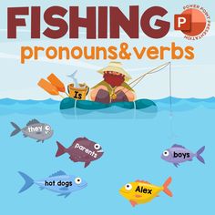 a man in a boat with fish on it and the words fishing pronouns &