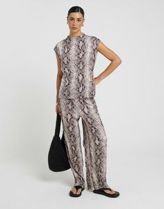 Trousers & Leggings by River Island Part of a co-ord set Top sold separately Animal print Regular rise Wide leg Plisse Fabric, Crinkle Top, White Snake, Black Dress Prom, Maxi Dress Trend, Set Outfit, Tea Dress, Plus Size Pregnancy, Vest Top