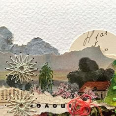 an altered collage with trees, houses and mountains in the background that says happy holidays