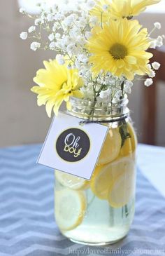 a collage of photos with flowers and cakes in jars on the table, including lemons