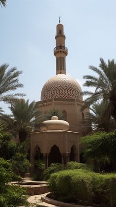 a large building with a dome in the middle surrounded by palm trees and shrubbery