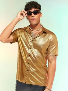 Gold Boho Collar Short Sleeve Woven Fabric Plain Shirt Embellished Slight Stretch  Men Tops Gold Men’s Outfit, Nye Outfits For Men, Mens Gold Outfit, Men Gold Outfit, Golden Outfit Men, Glamour Outfit Men, Metallic Outfit Men, Black And Gold Outfit Men, Gold Outfits Men