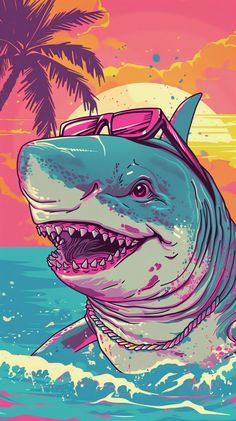 a shark with sunglasses on it's head in the water near a palm tree